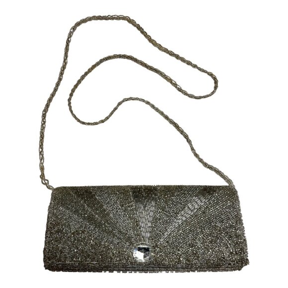 Bijoux Terner Silver Beaded Evening Bag – Rhinestone Accent, Beaded Chain Strap, - Picture 1 of 6